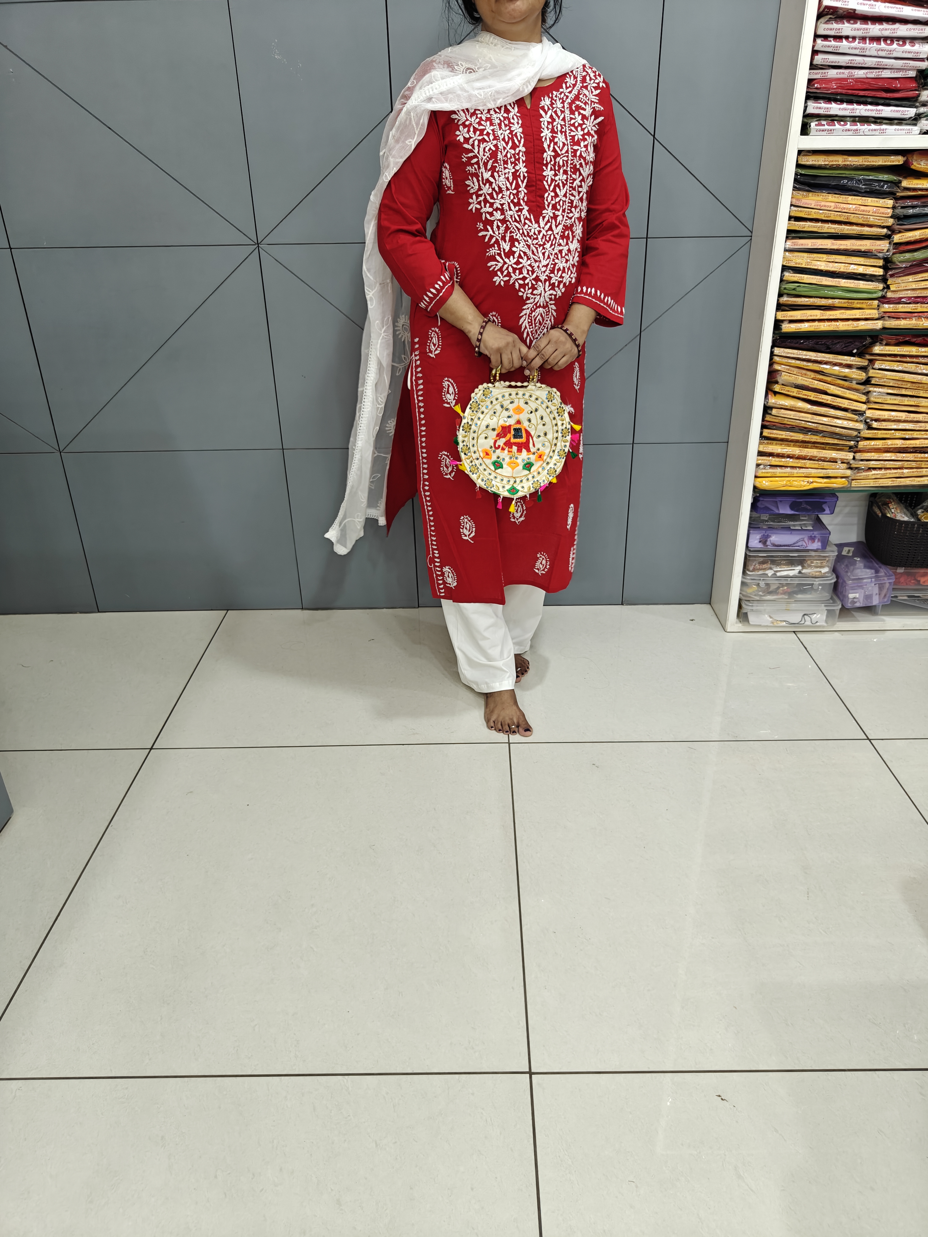 Chikankari Red mul cotton kurti