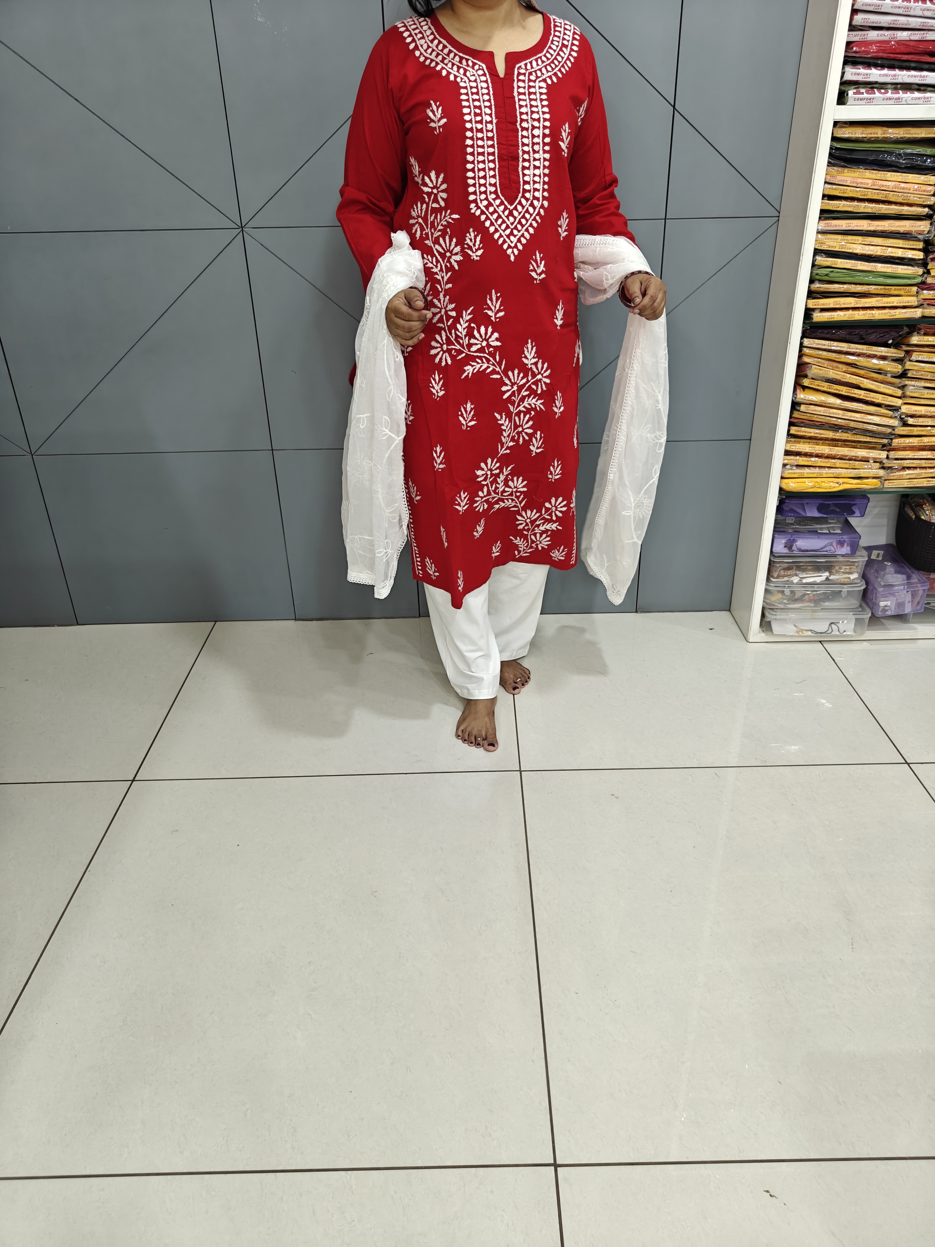 Chikankari Red mul cotton kurti