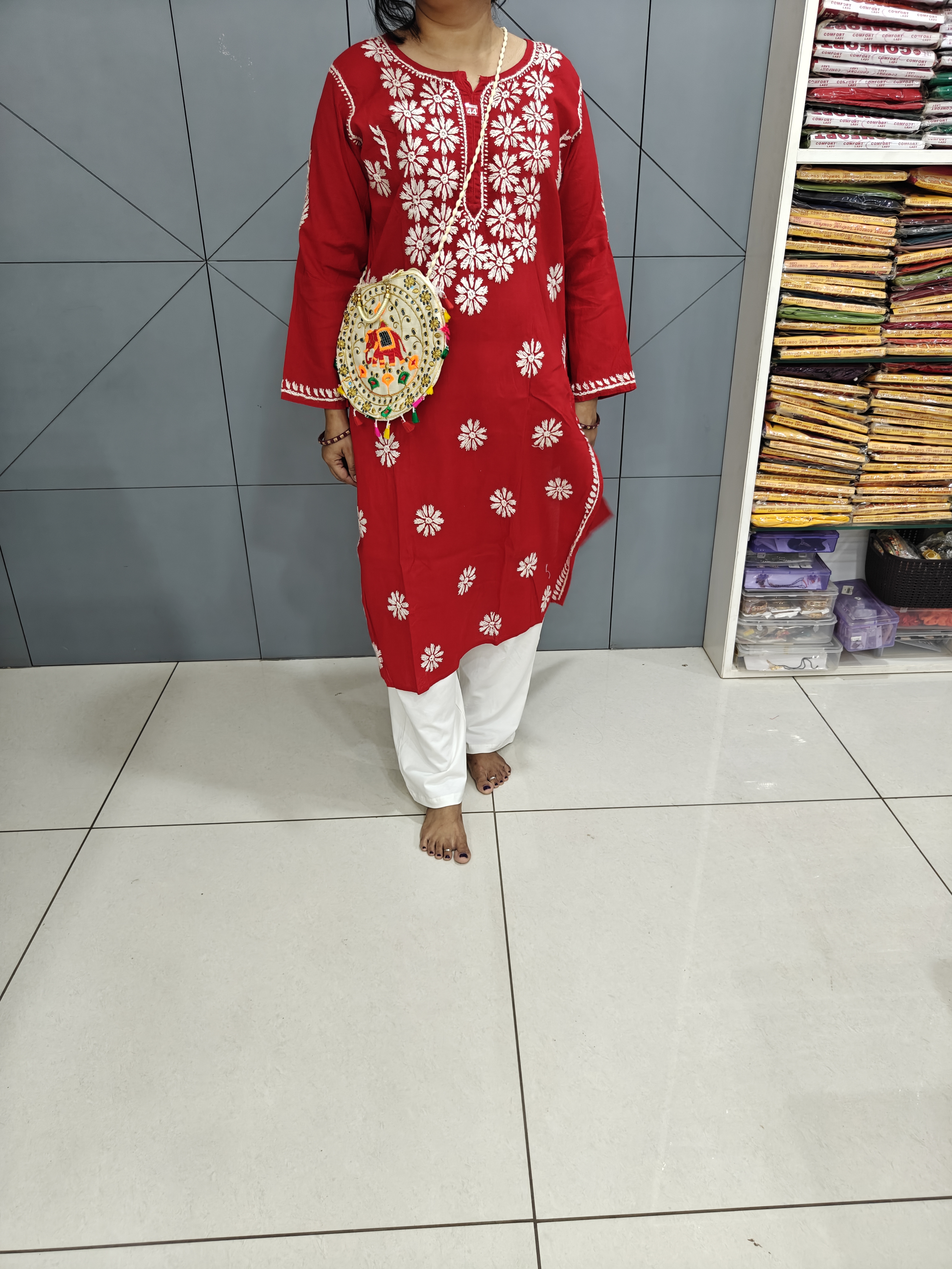 Chikankari Red mul cotton kurti SN3
