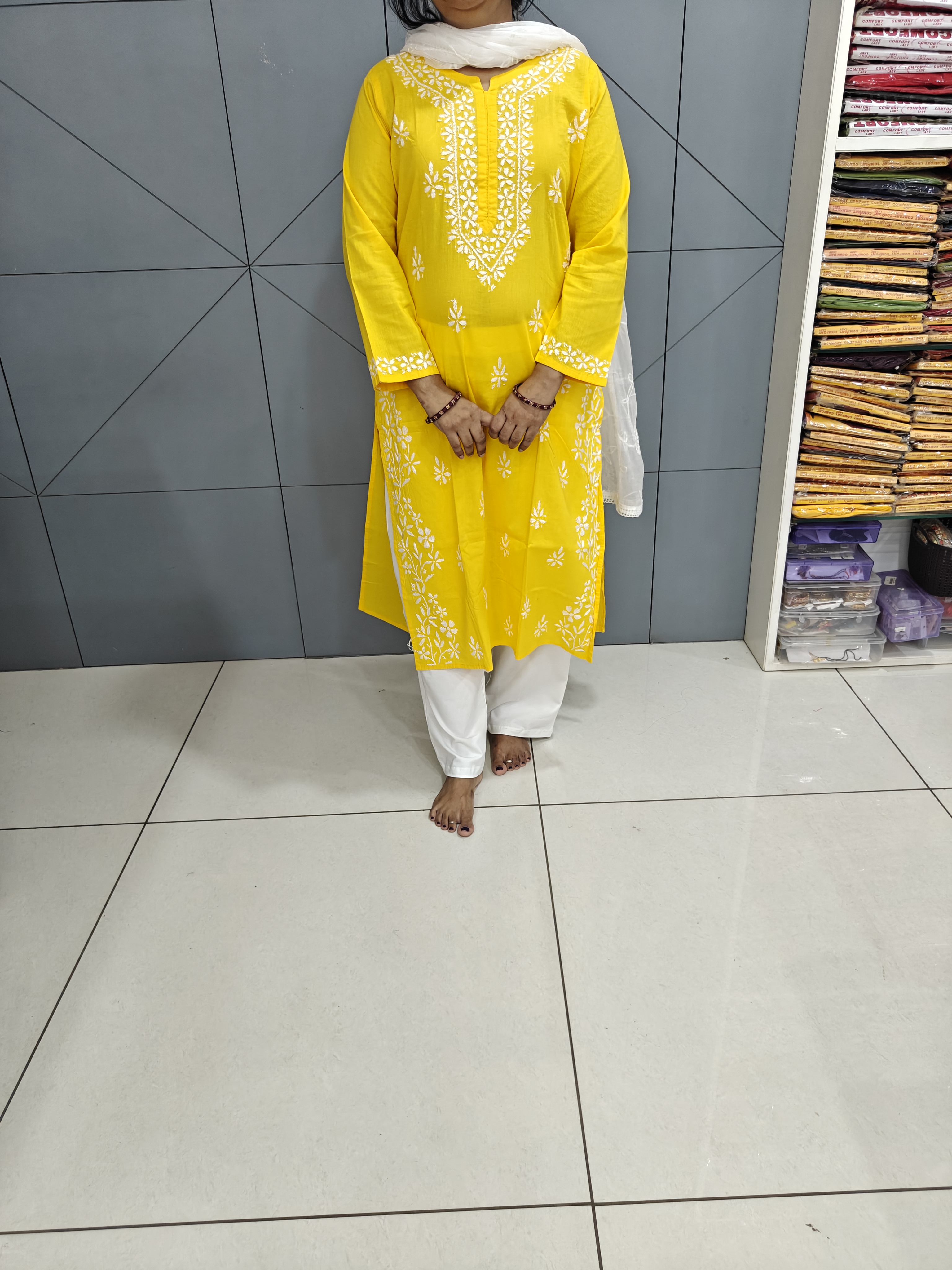 Chikankari yellow mul cotton kurti