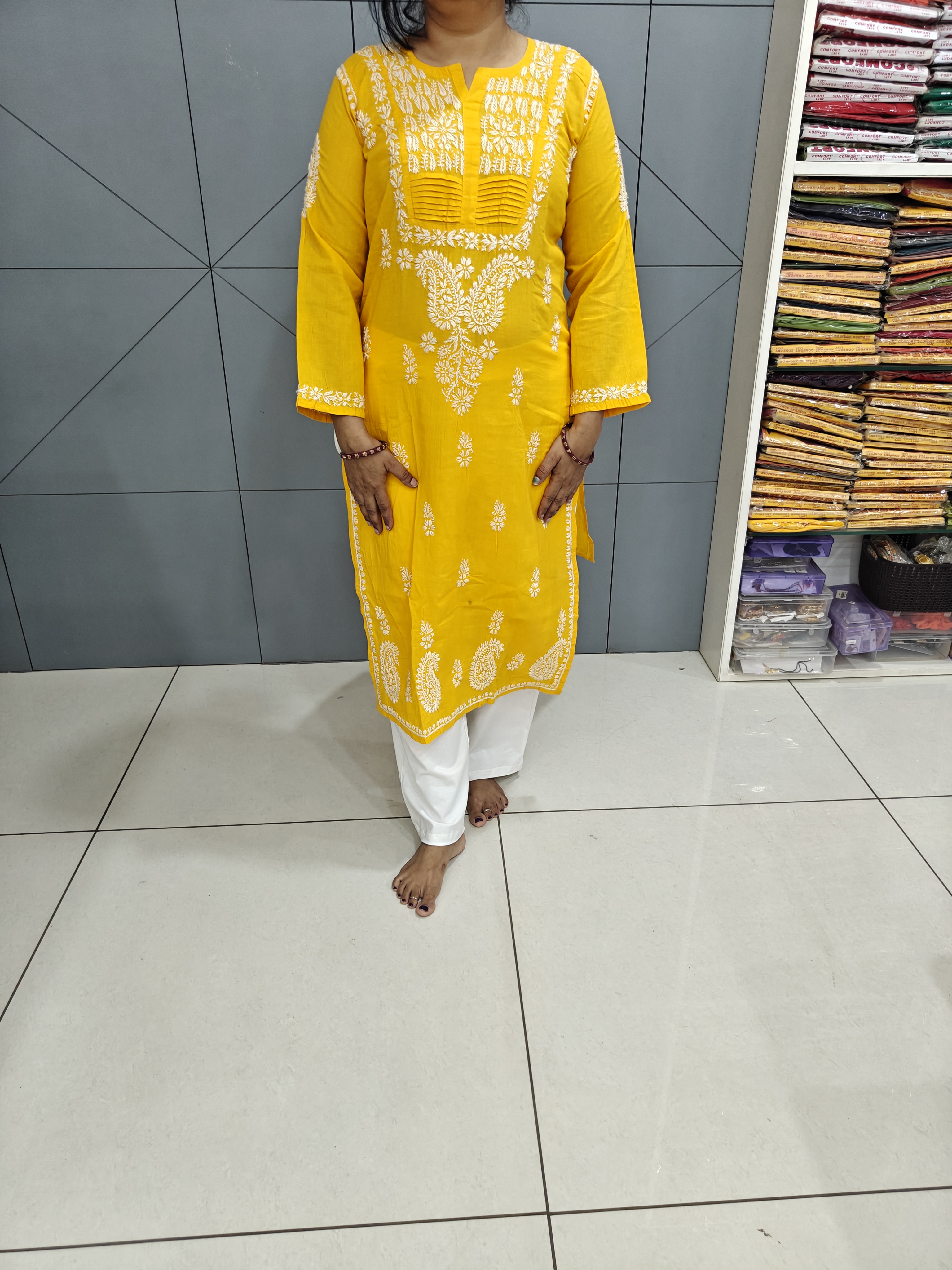 Chikankari light mustard yellow mul cotton kurti