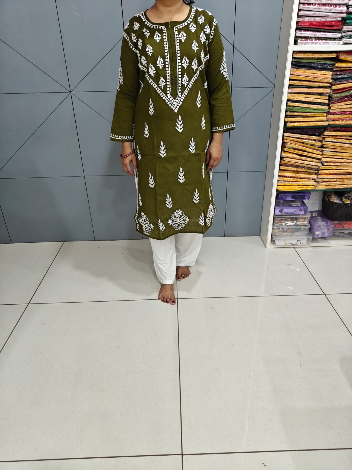 Mehndi Chikankari straight kurti
