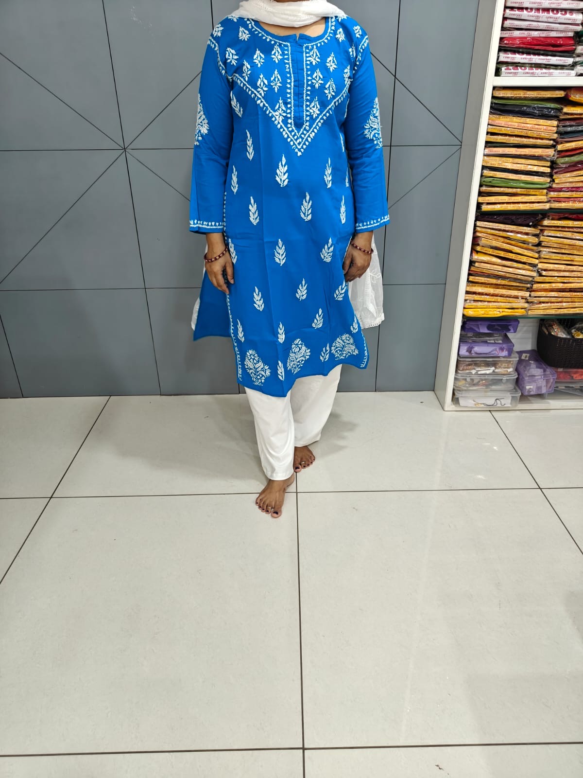 Firozi blue Chikankai Straight mul cotton kurti