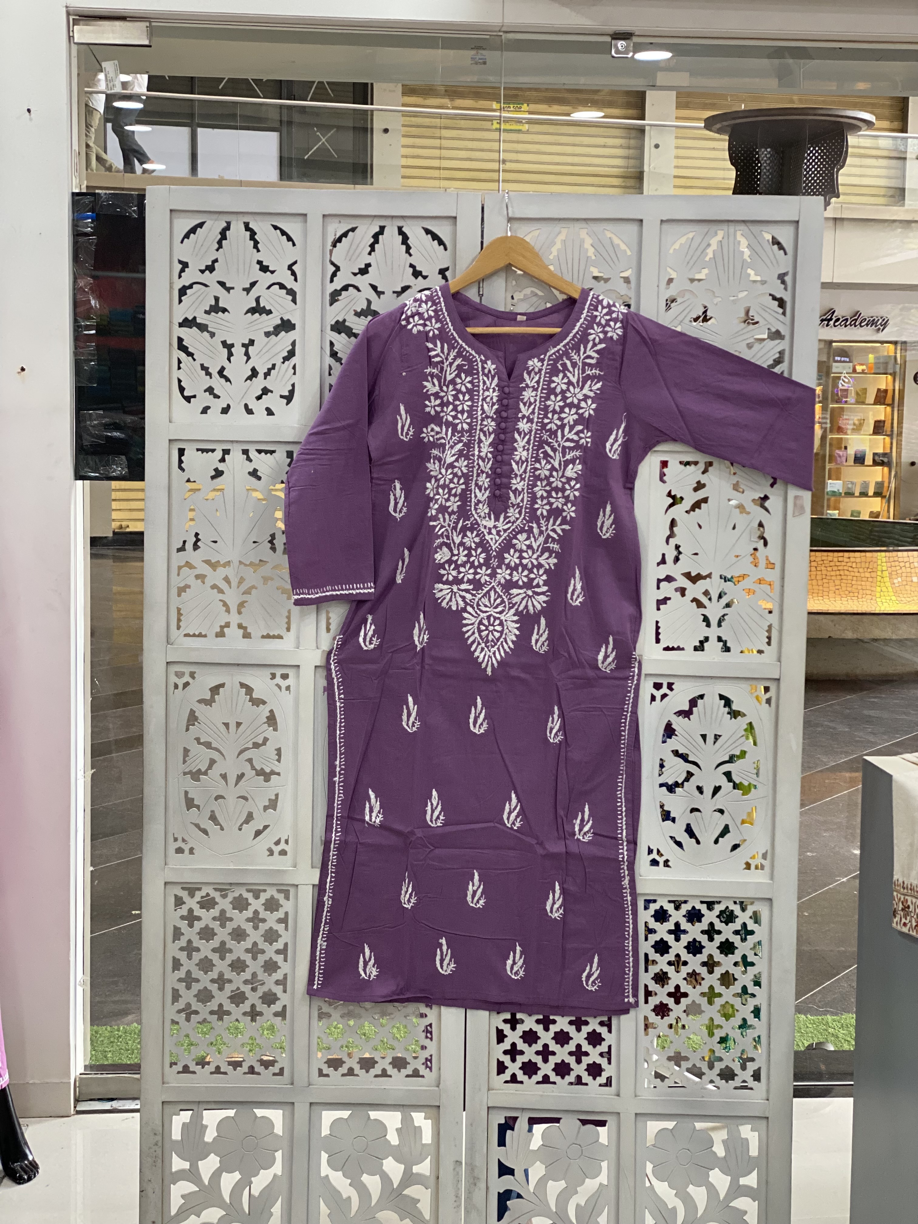 Chikankari purple cotton straight kurti