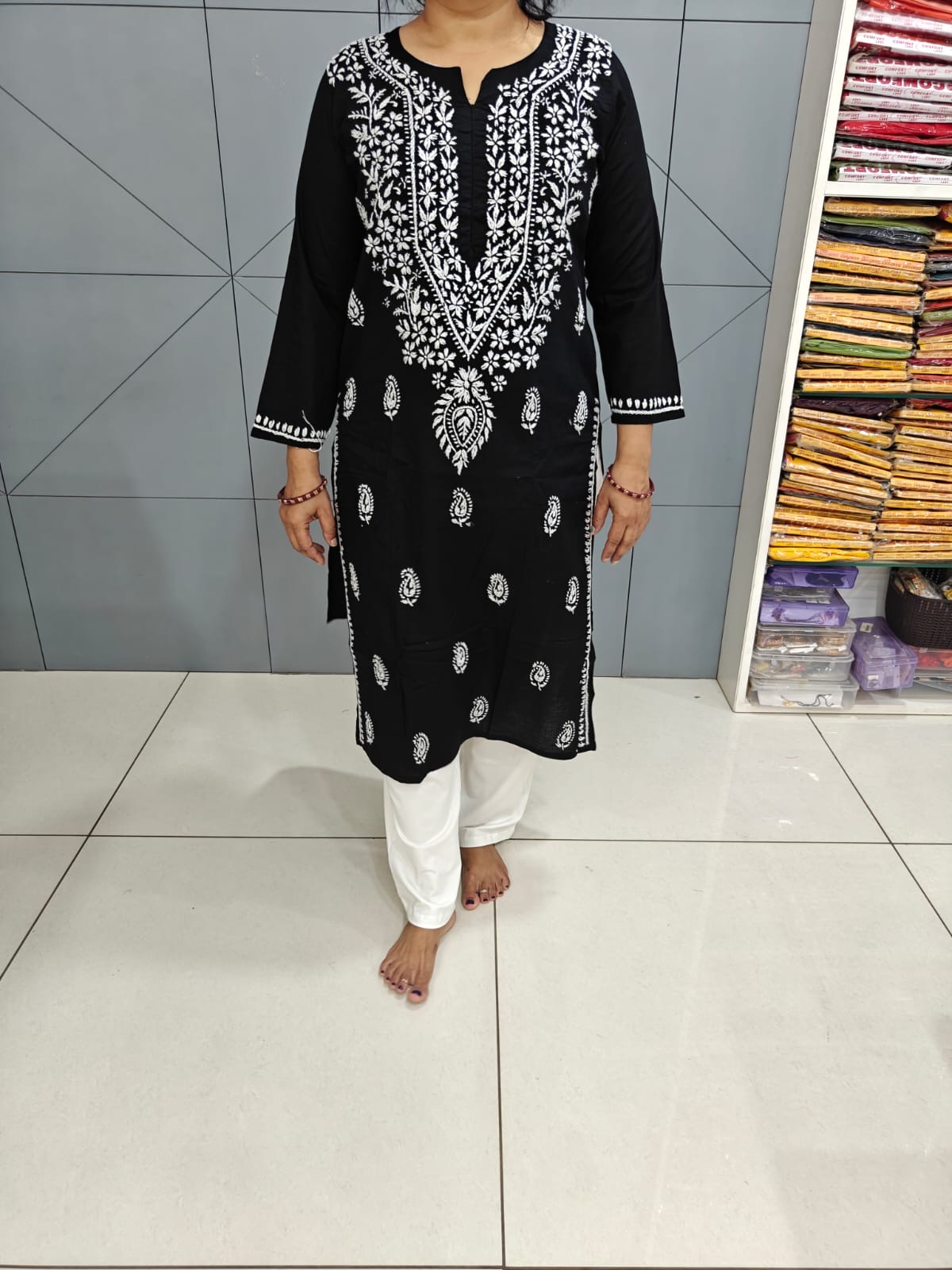 Chikankari cotton straight black kurti