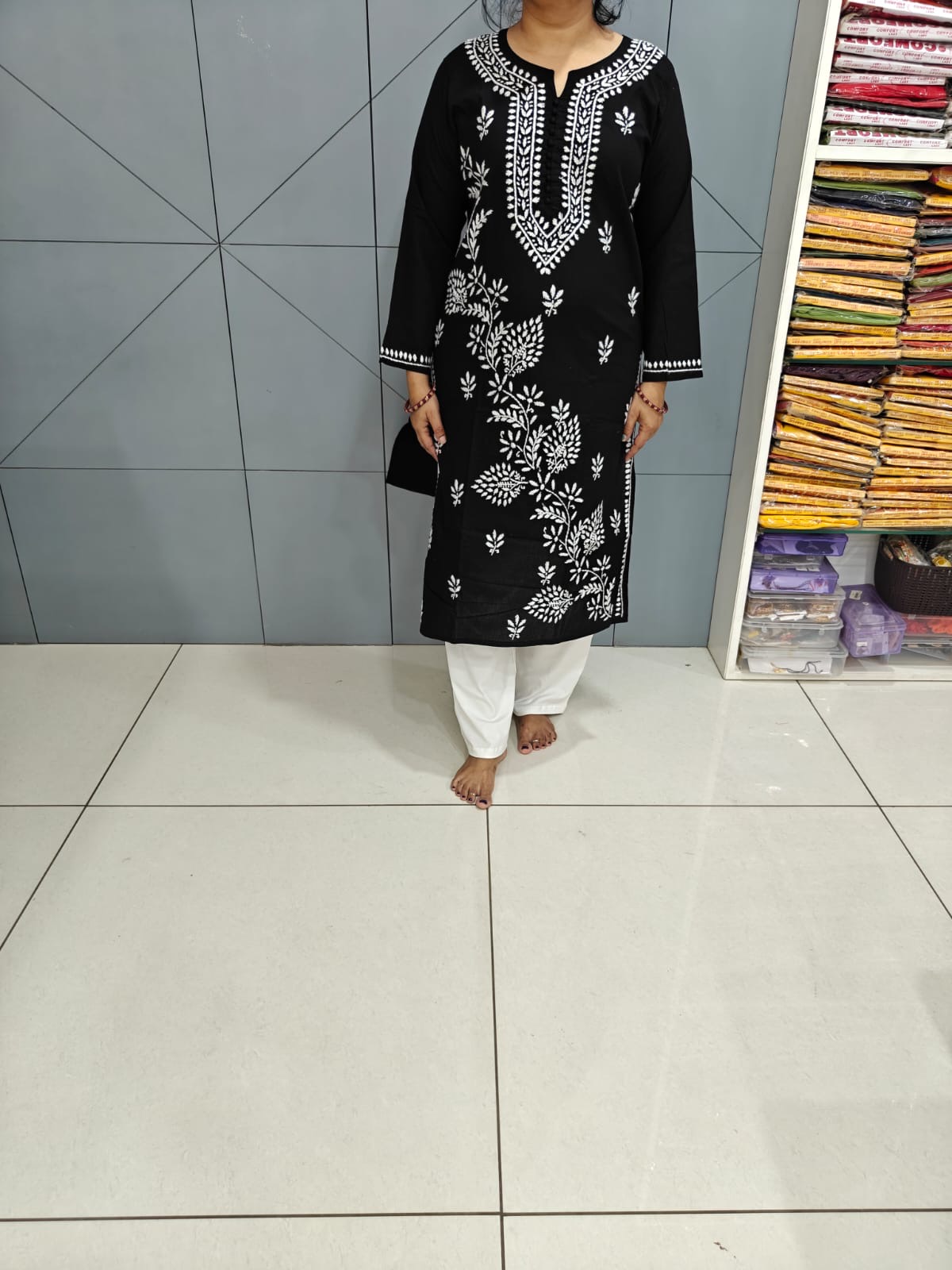 Chikankari cotton straight black kurti