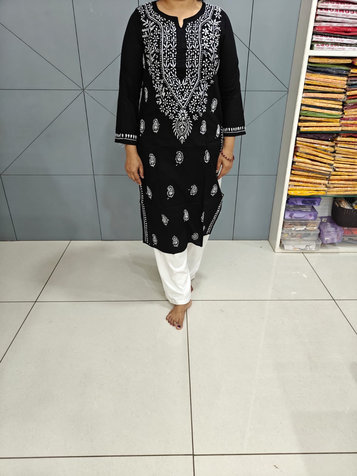 Chikankari cotton straight black kurti