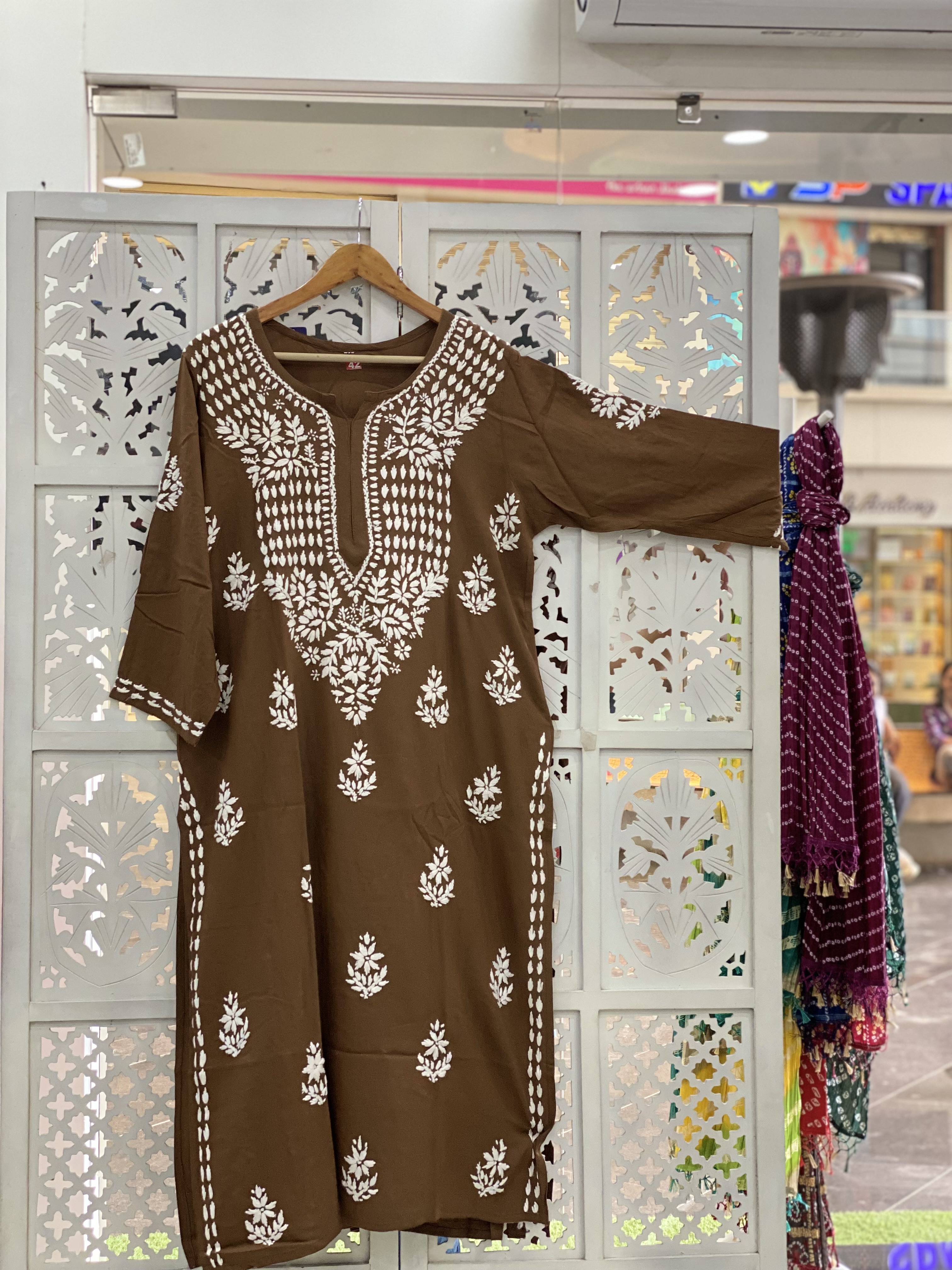 Chikankari rayon straight brown kurti
