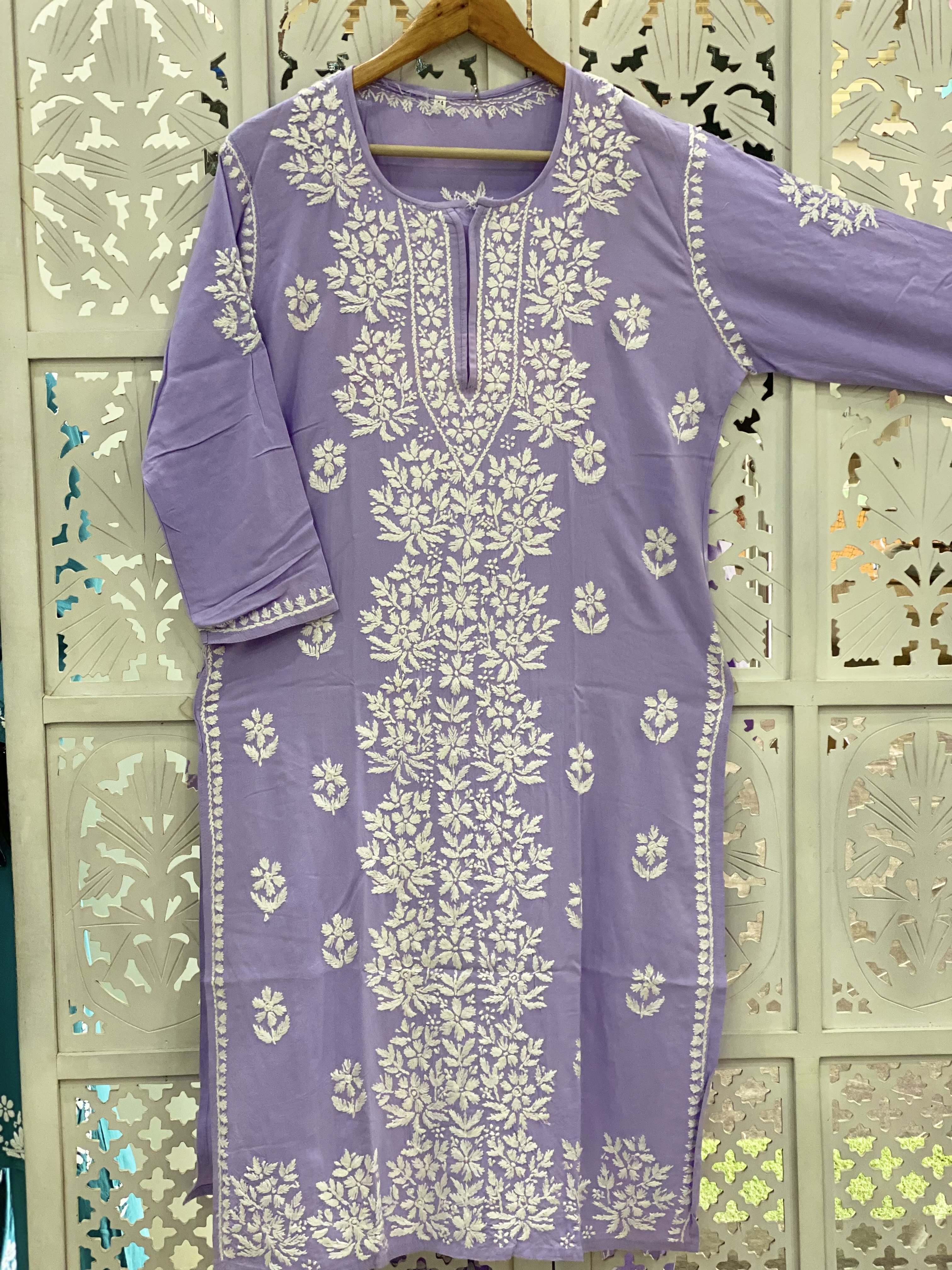 Chikankari rayon straight light purple kurti