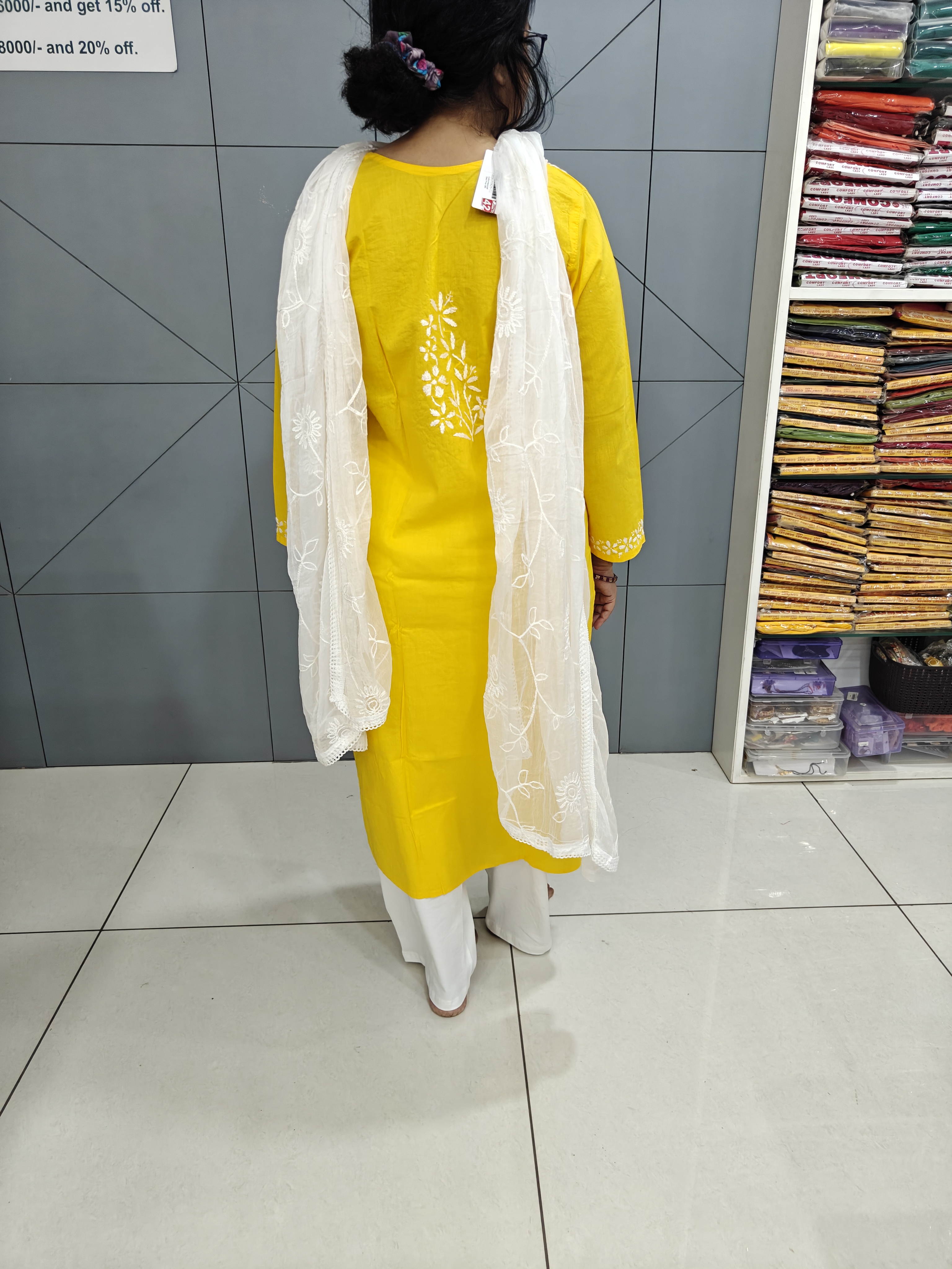 Chikankari yellow mul cotton kurti